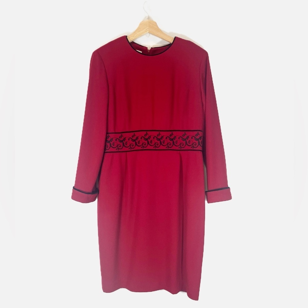 Talbots Petites 1980's Wool Red Midi Length Lined Dress Embroidered Waist Women